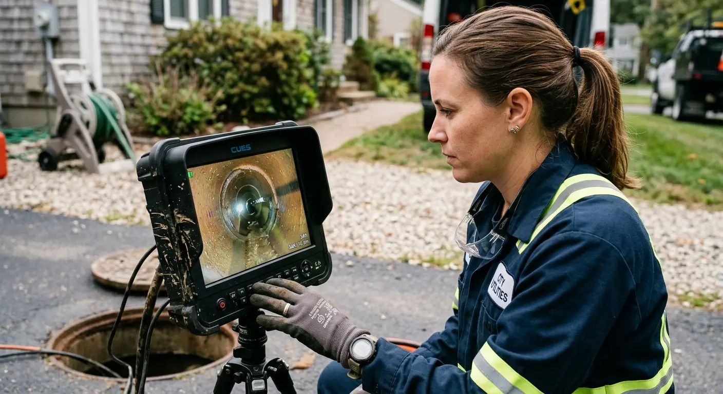 Technician reviewing sewer camera inspection footage in Fort Shawnee
