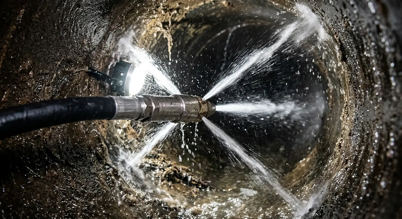 High-pressure hydro jetting nozzle cleaning sewer pipe for Emergency Drain Service in Fort Shawnee