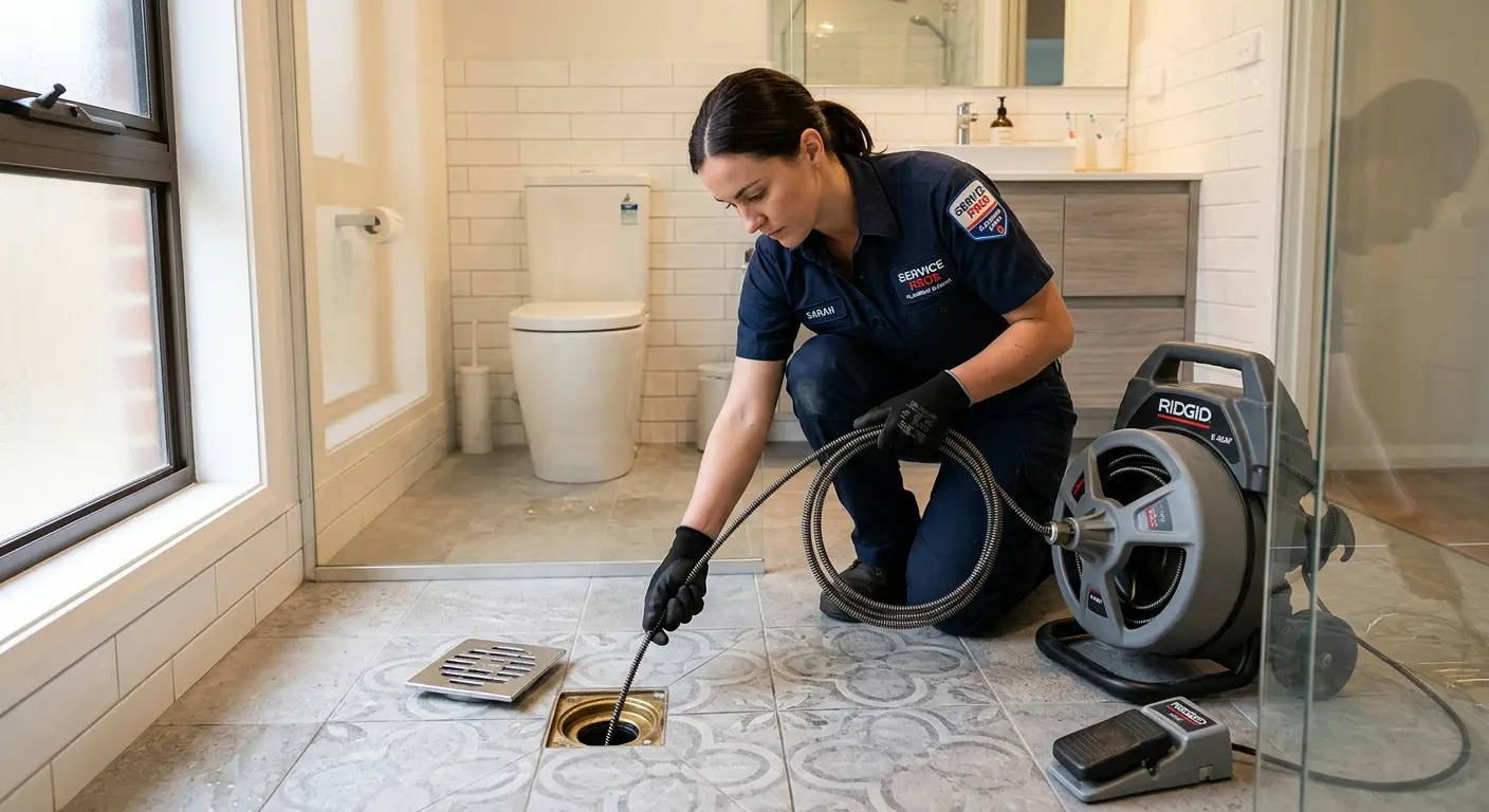 Technician clearing a bathroom floor drain for Drain Repair in Fort Shawnee